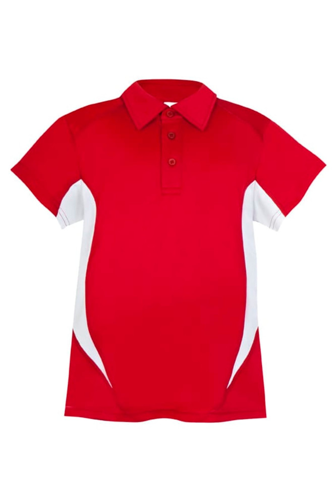 A red polyester polo shirt with white accents and a collar. Features a buttoned placket and short sleeves.