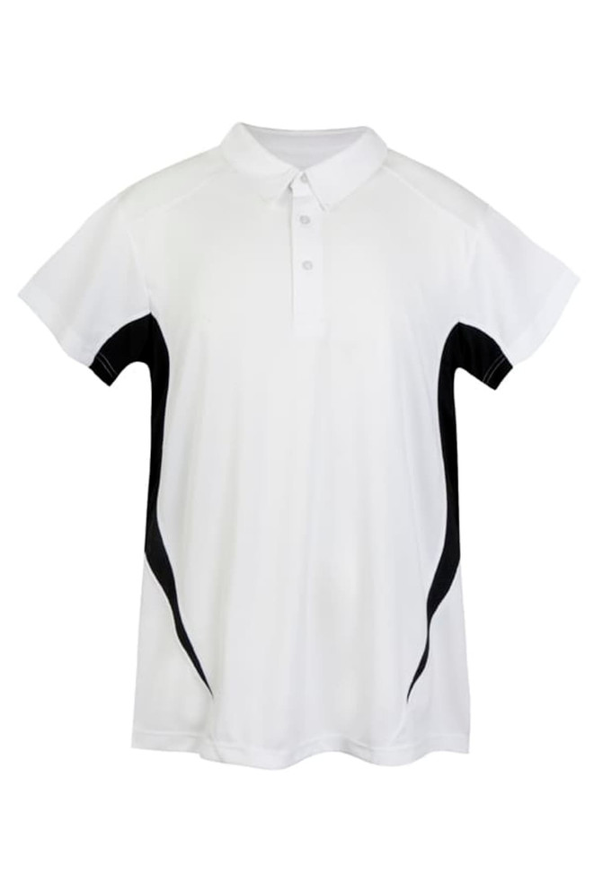 A white polyester polo shirt featuring black accents, with a collar and button placket, and a logo on the front.