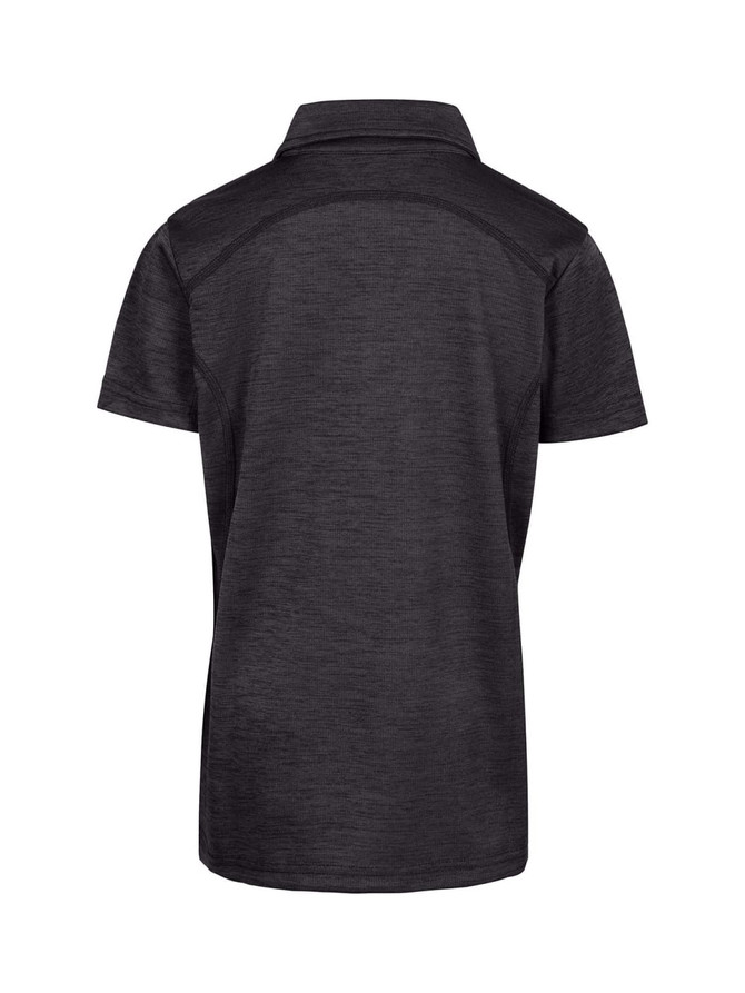 A black Kid's Challenger 100% polyester polo shirt featuring a classic collar and a logo on the back.