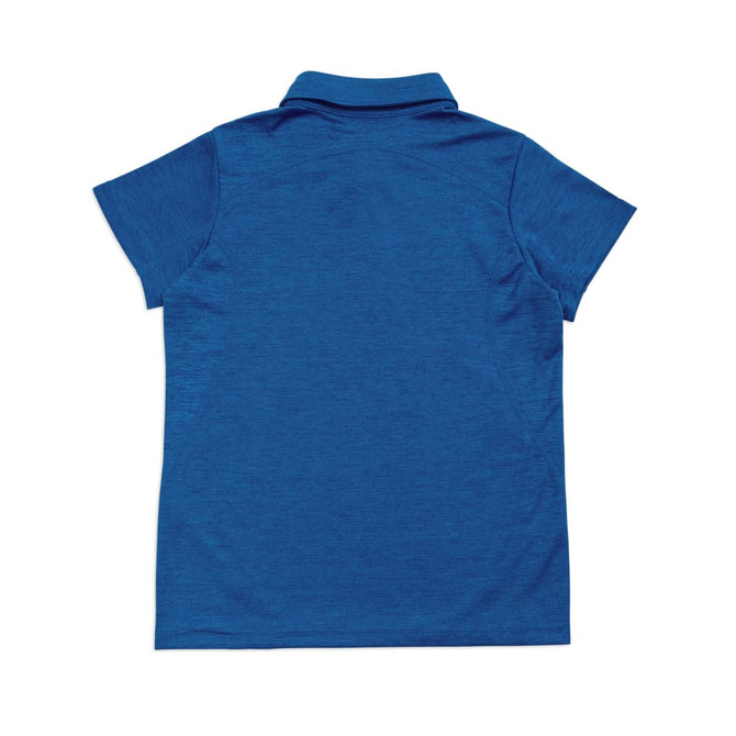 A blue polo shirt for kids made of 100% polyester, featuring a collar and short sleeves. It has a logo.