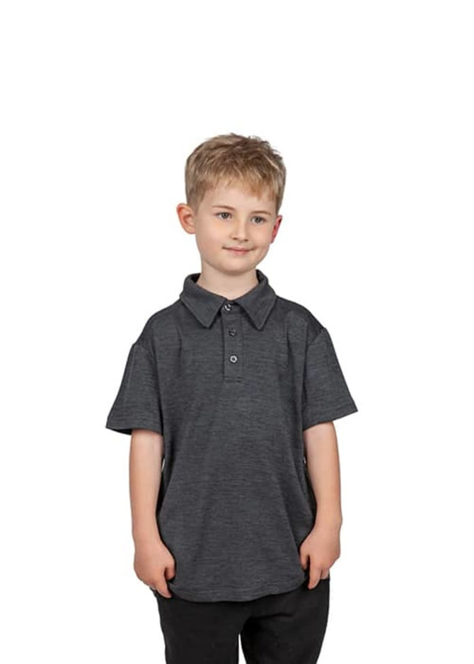 A grey 100% polyester polo shirt for kids with a collar and buttons, featuring a logo.