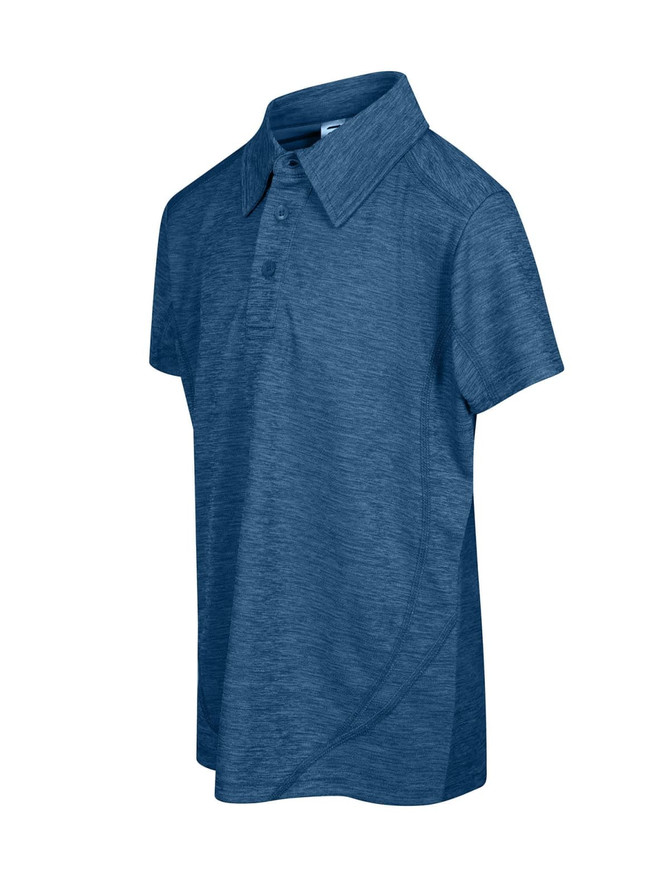 A short-sleeved, dark blue polo shirt made of 100% polyester, featuring a collar and buttons. It has a logo.