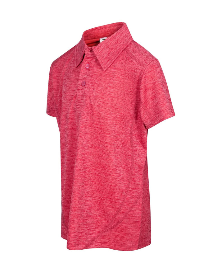 A red polo shirt made of 100% polyester, featuring a collar and short sleeves. It has a logo on it.