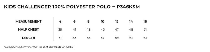 A chart displaying measurements for a Kid's Challenger 100% polyester polo shirt in various sizes.