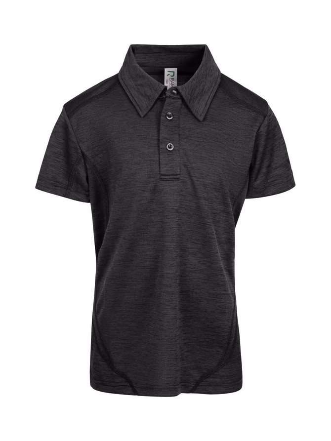 A black Kid's Challenger 100% polyester polo shirt with a collared neck and three-button placket. Features a logo.