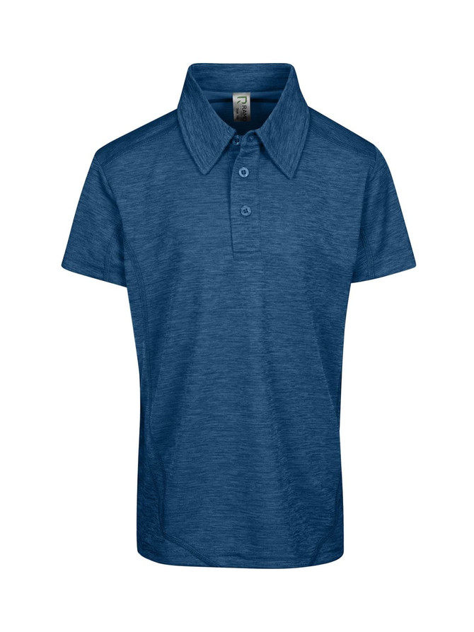 A blue Kid's Challenger polo shirt made from 100% polyester, featuring a collar and three buttons. It has a logo.