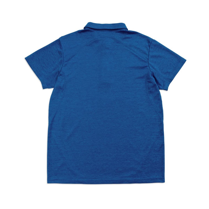 A blue polyester polo shirt with a collar, featuring a logo. The back view highlights its clean design.