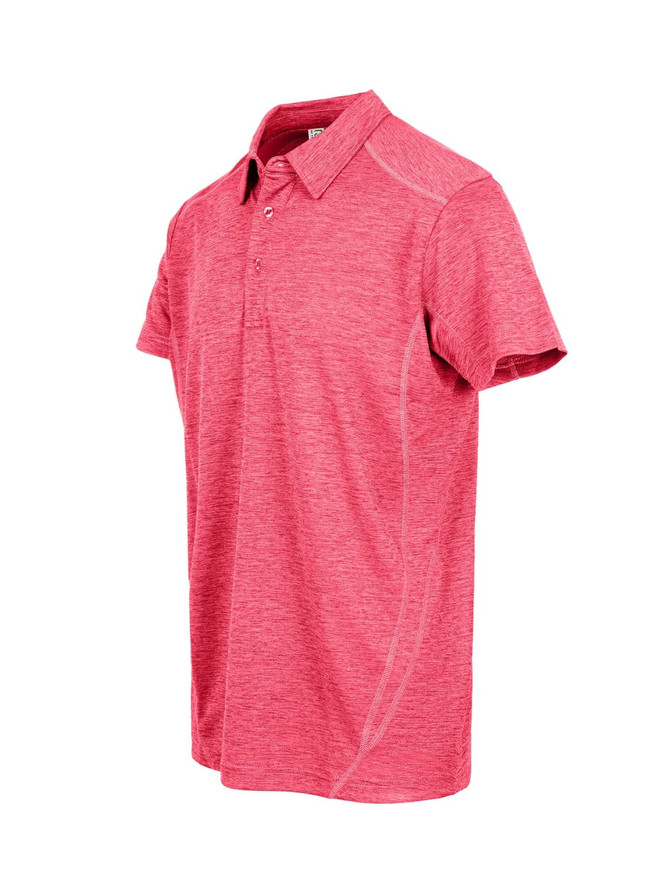 A red polyester polo shirt featuring a modern design and a small logo. Ideal for casual or sporty wear.