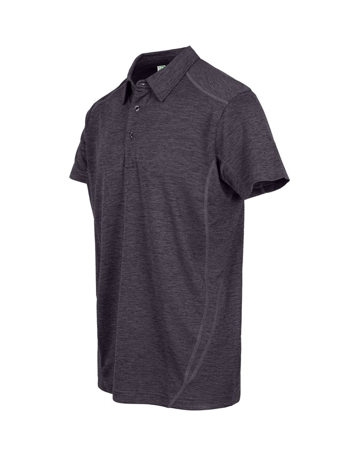 A men's unisex polo shirt in dark grey with a subtle logo and short sleeves.