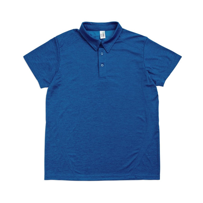 A blue polyester polo shirt featuring a collar and three-button placket. It has a brand logo on the label.