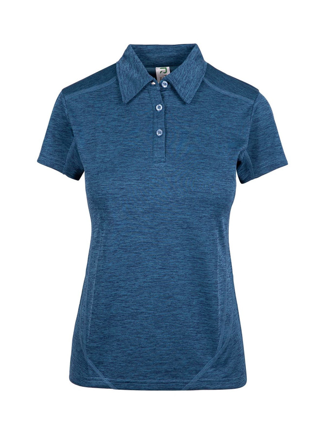 A women's polo shirt in a blue melange fabric, featuring a collared neck and buttons, with a logo displayed.