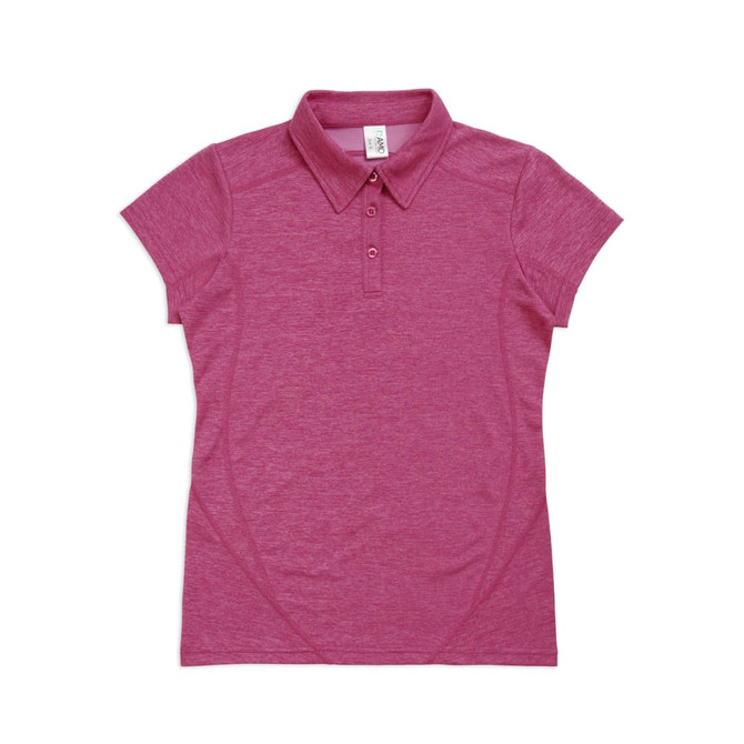 A pink women's polo shirt made of 100% polyester, featuring a collar and buttons, with a logo on it.