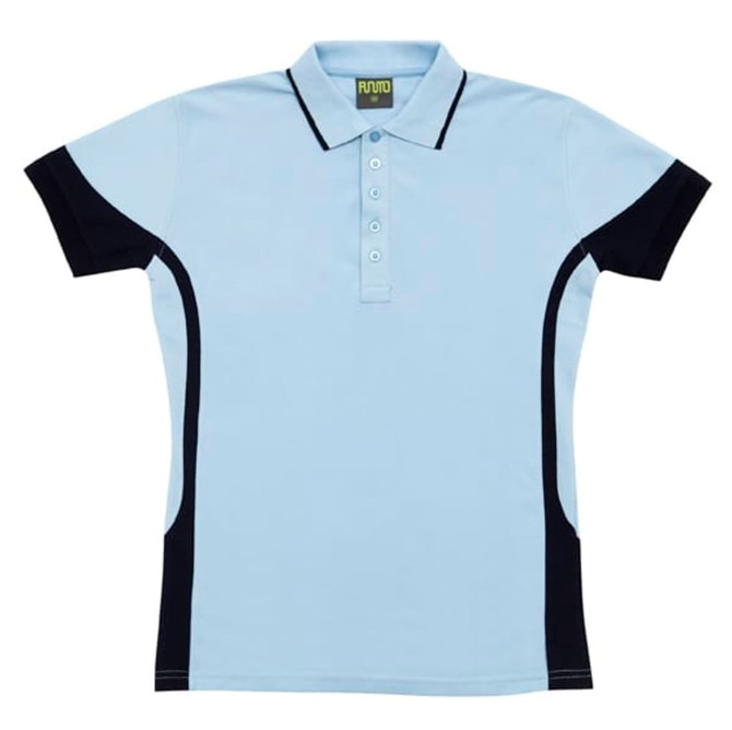 A light blue polo shirt with black contrast panels, featuring a classic collar and three-button placket.