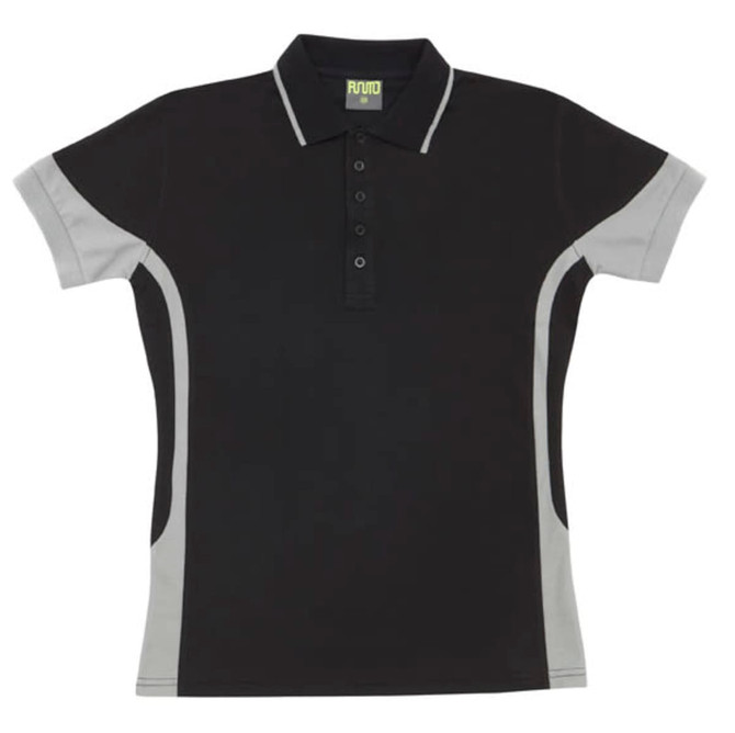 A black polo shirt with grey contrast details and a button-up collar. It features a logo on the neck.