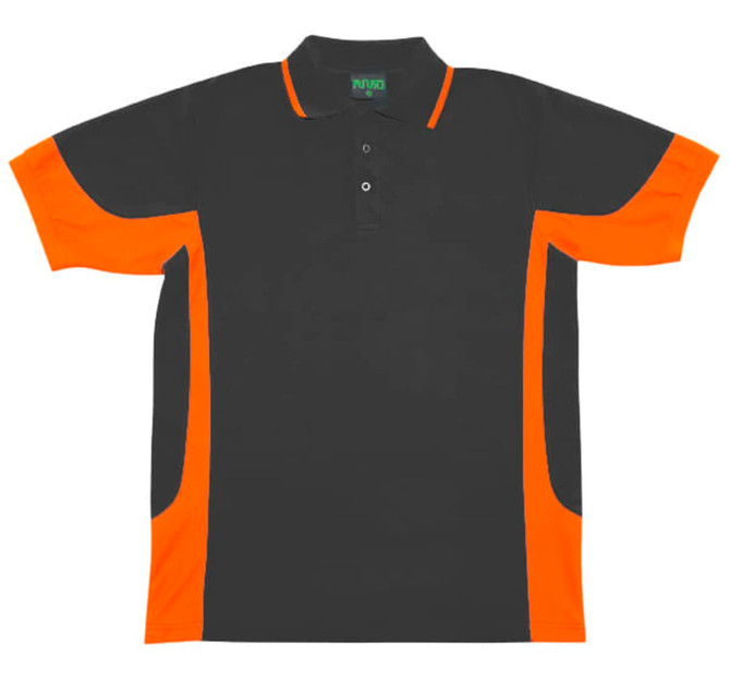 A black polo shirt with orange contrast panels and a logo on the chest area.