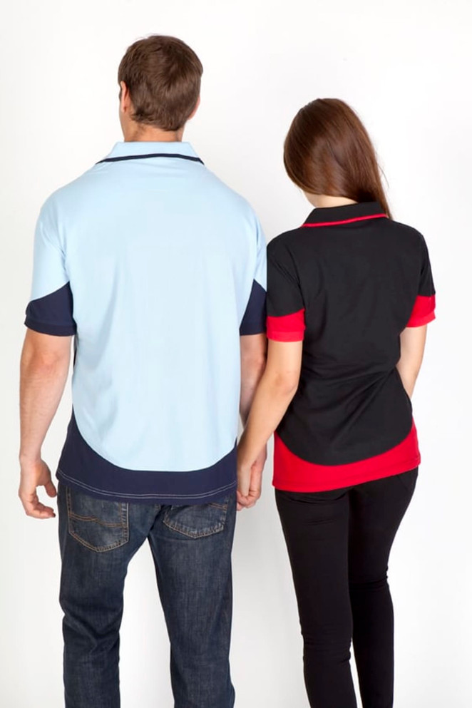 A polycotton polo shirt in light blue with navy accents and a black polo with red details, modelled from the back.