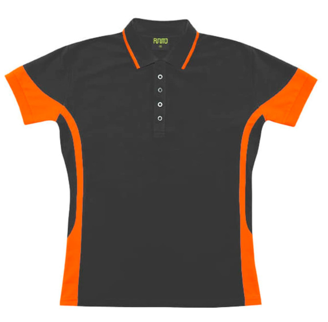 A women's polo shirt in black with orange contrast panels, featuring a collar and buttons. It has a logo on the front.