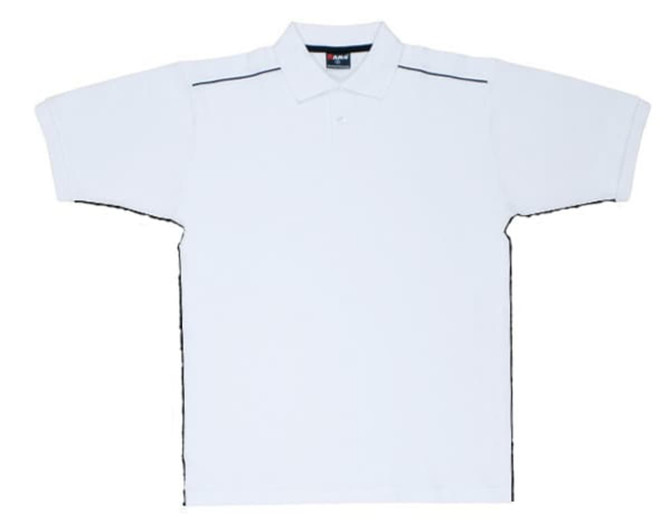 A white polo shirt with piping detail, featuring short sleeves and a collar, with a logo on the chest.