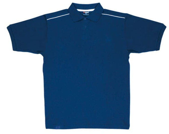 A navy blue polo shirt featuring a collar, short sleeves, and piping details. The design includes a logo.