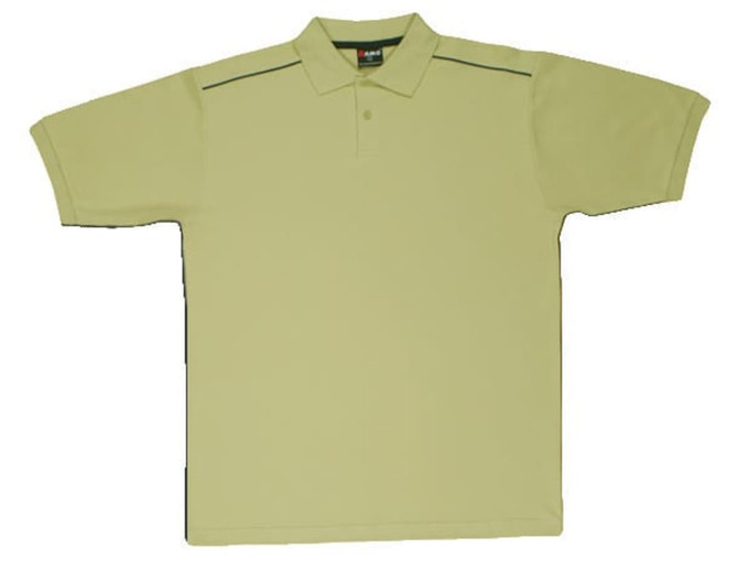A light yellow polo shirt featuring contrasting piping, designed for men or unisex wear. It has a collar and short sleeves.