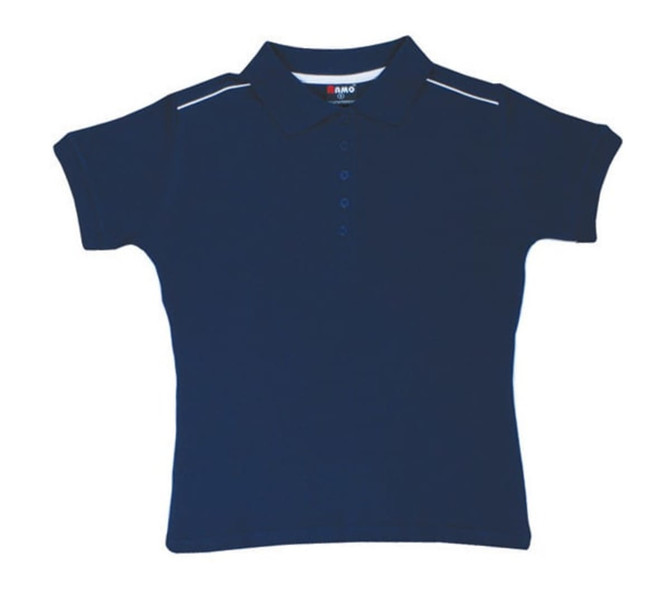 A navy blue women's cotton pique knit polo shirt with contrasting piping. The shirt features a collar and buttons.