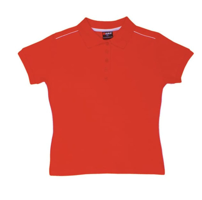 A red women's cotton pique knit polo shirt with piping and a collar, featuring a logo on the label.