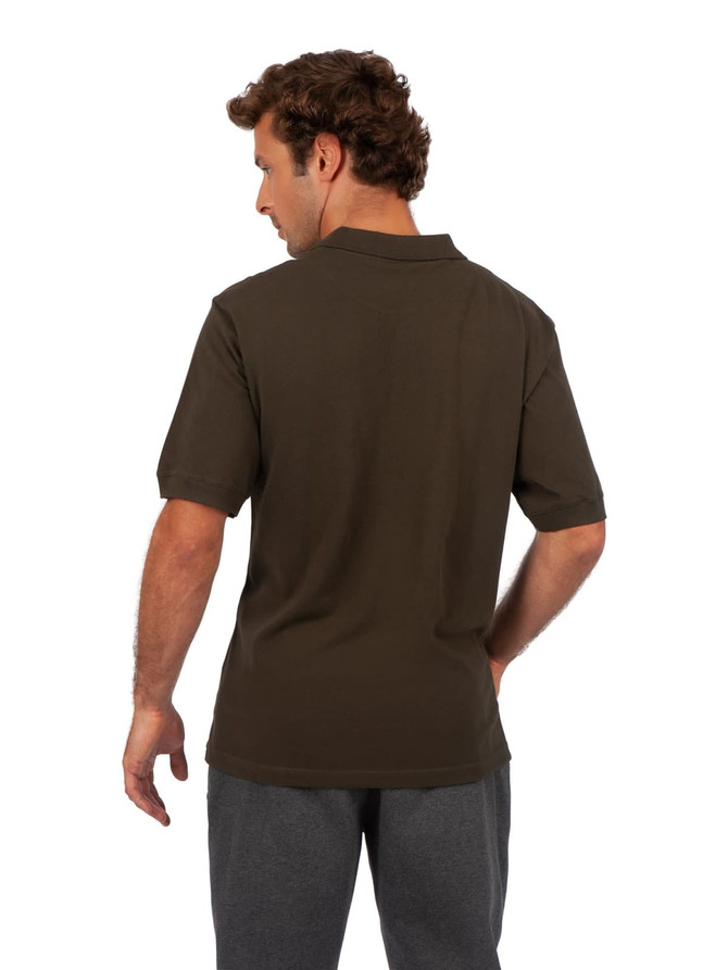 A men's cotton pigment dyed polo shirt in dark green, featuring a short-sleeve design and a logo.