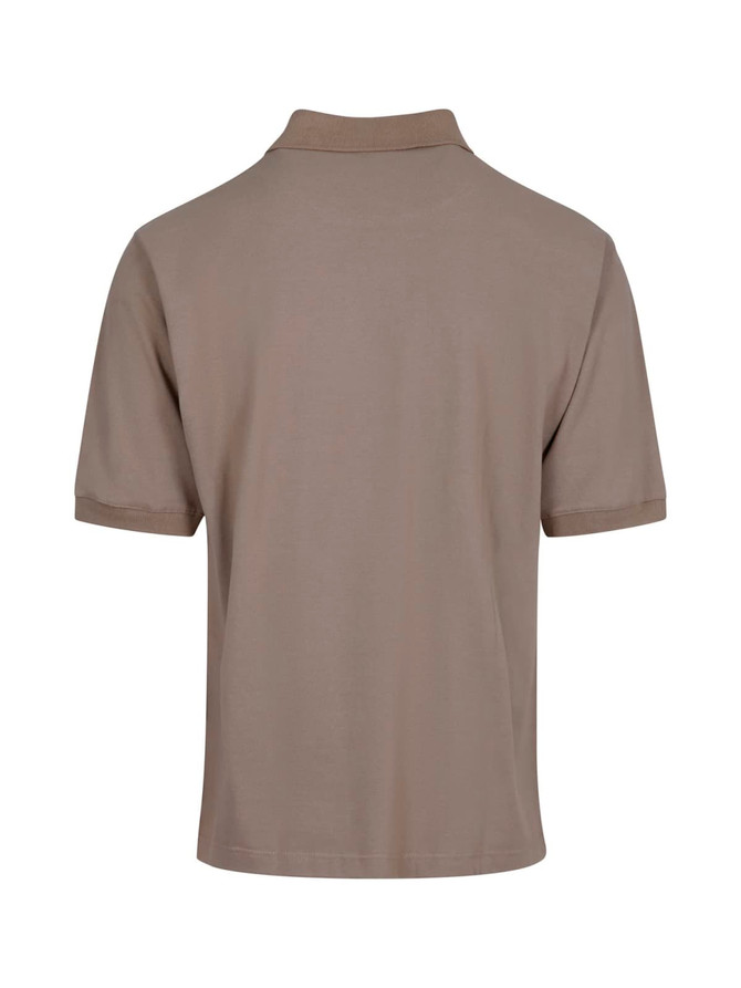 A men's cotton polo shirt in a muted grey-brown shade, featuring a classic collar and short sleeves, with a logo.