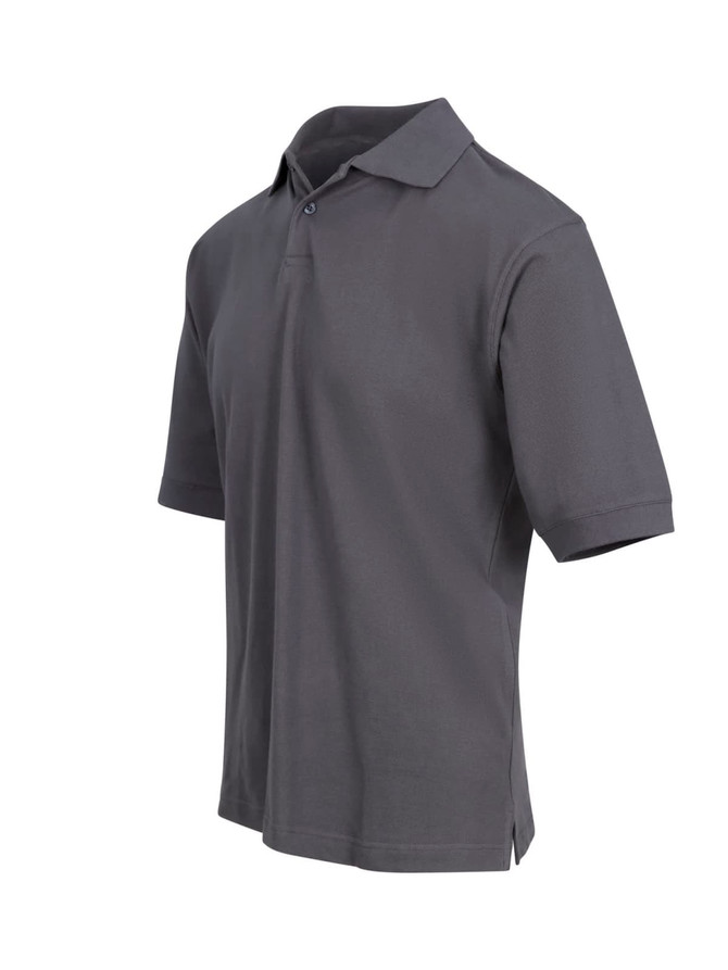 A dark grey men's cotton polo shirt with short sleeves and a collar, featuring a logo on the chest.