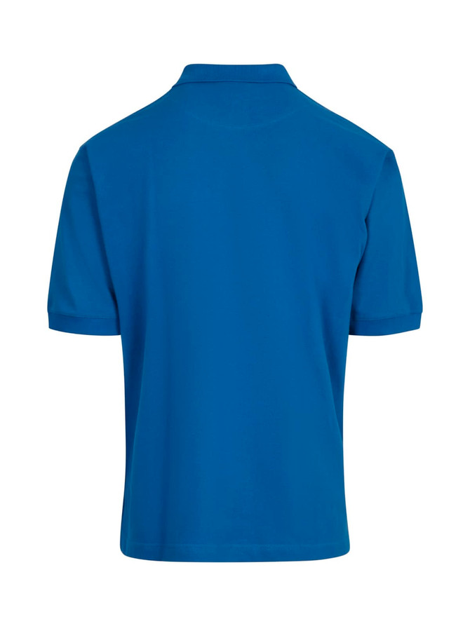 A blue men's cotton pigment dyed polo shirt featuring a collar and short sleeves. It has a logo on the back.