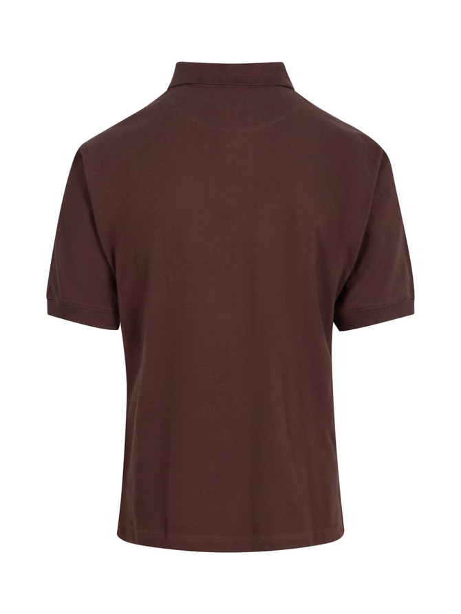 A dark brown men's polo shirt with a classic collar, featuring short sleeves and a logo.
