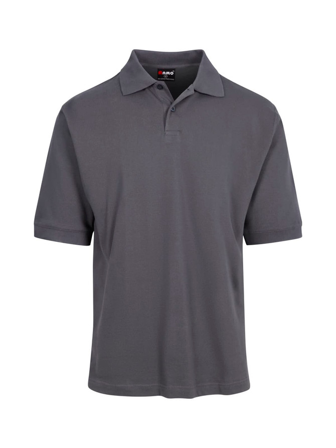 A grey men's cotton pigment dyed polo shirt with a collar and short sleeves, featuring a logo.
