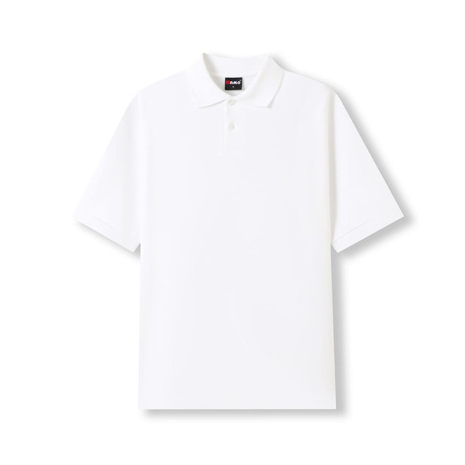 A white men's cotton pique knit polo shirt with a collar and branding on the neck.