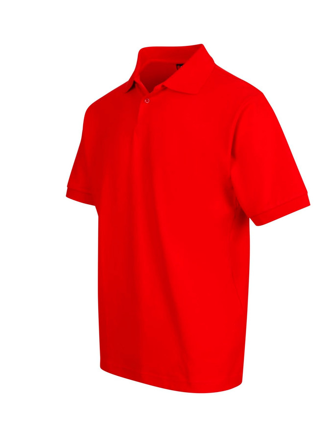 A red men's cotton pique knit polo shirt with short sleeves and a collar, featuring a logo.