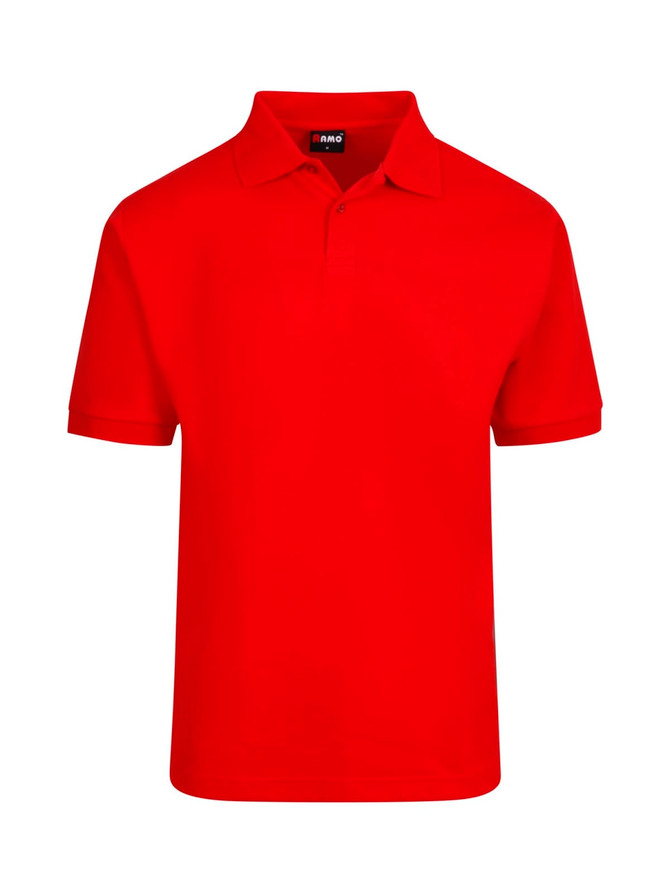 A red men's cotton pique knit polo shirt with a collar and a branded tag.