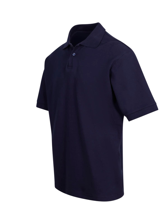 A navy blue men's cotton pique knit polo shirt with a logo on the chest and short sleeves.