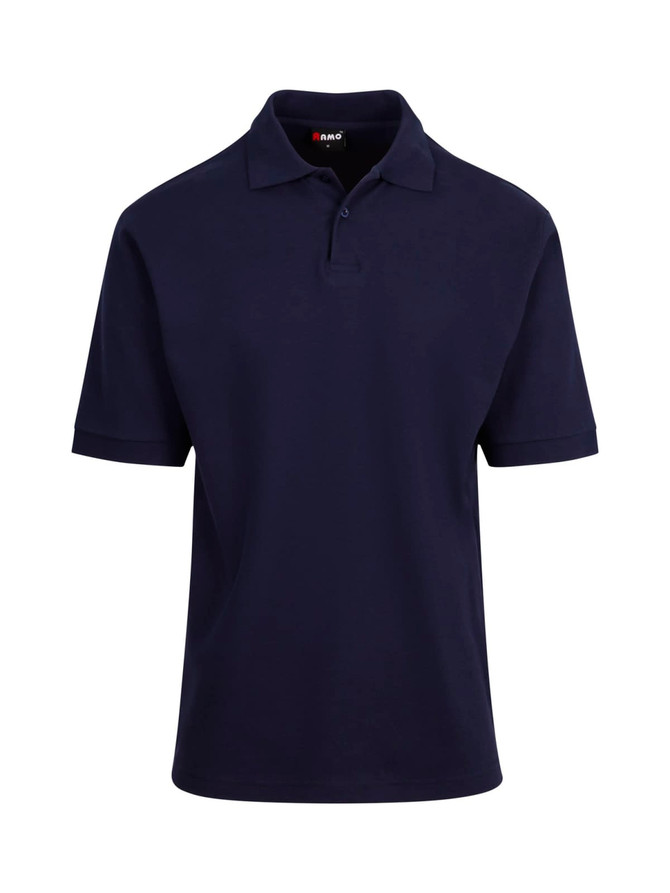 Men's cotton pique knit polo in navy blue with a collar and short sleeves, featuring a logo.