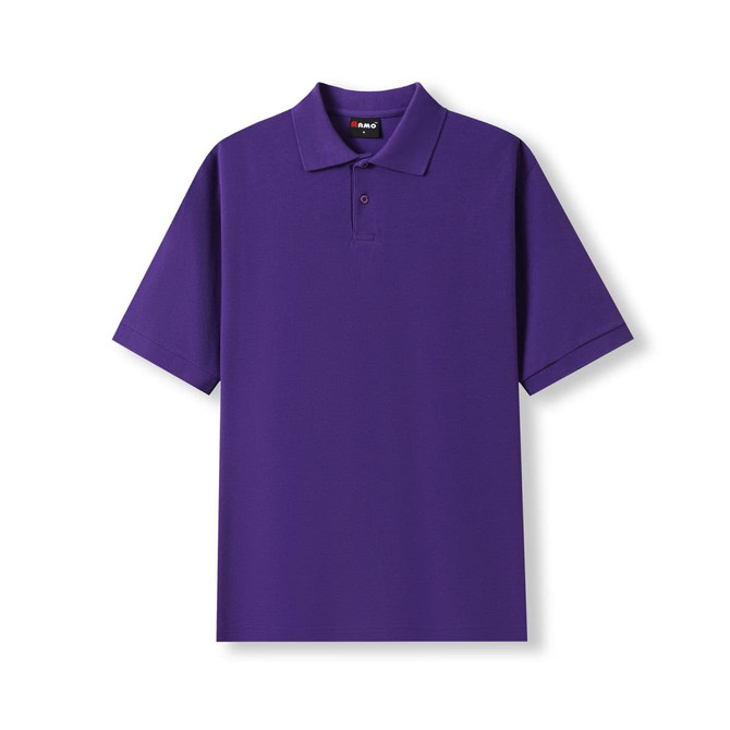 A purple men's cotton pique knit polo shirt featuring a collar and short sleeves, with a logo on the chest.