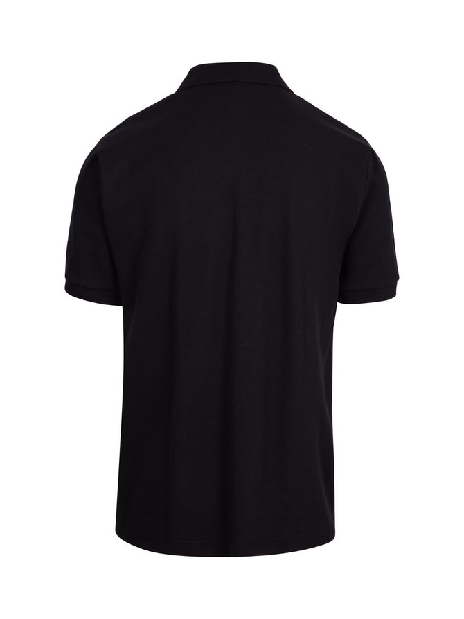 A black men's cotton pique knit polo shirt featuring a classic design and a logo on the back.