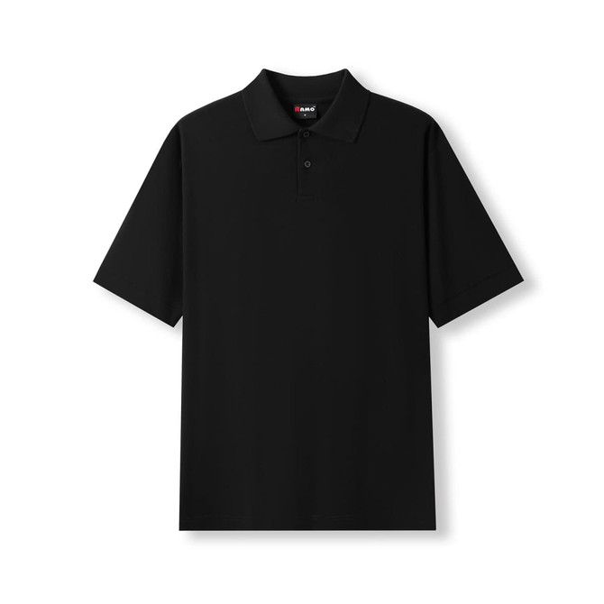 A black men's cotton pique knit polo shirt with a branded label on the collar.
