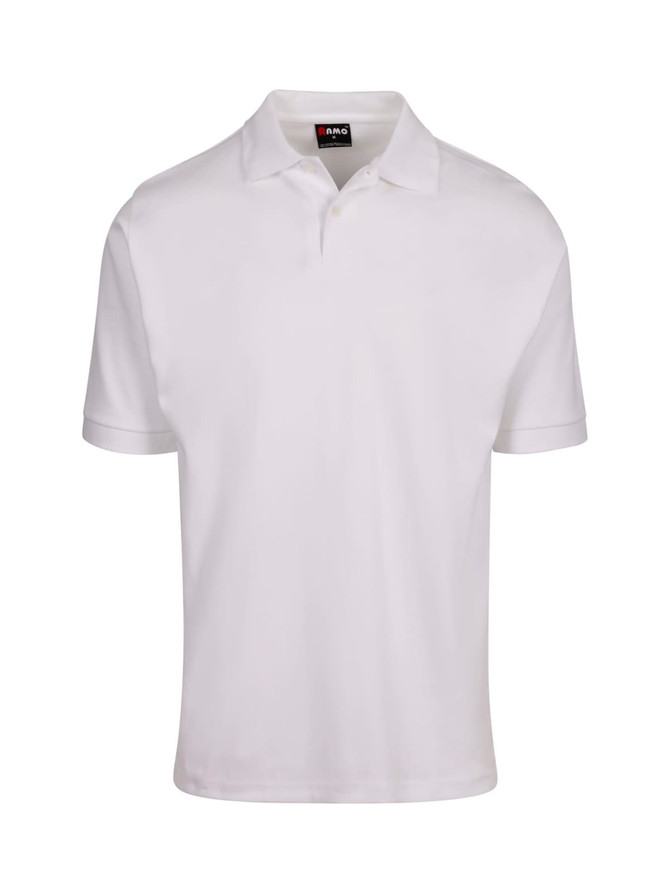 A white men's cotton pique knit polo shirt featuring a collar and short sleeves, with a logo on the chest.