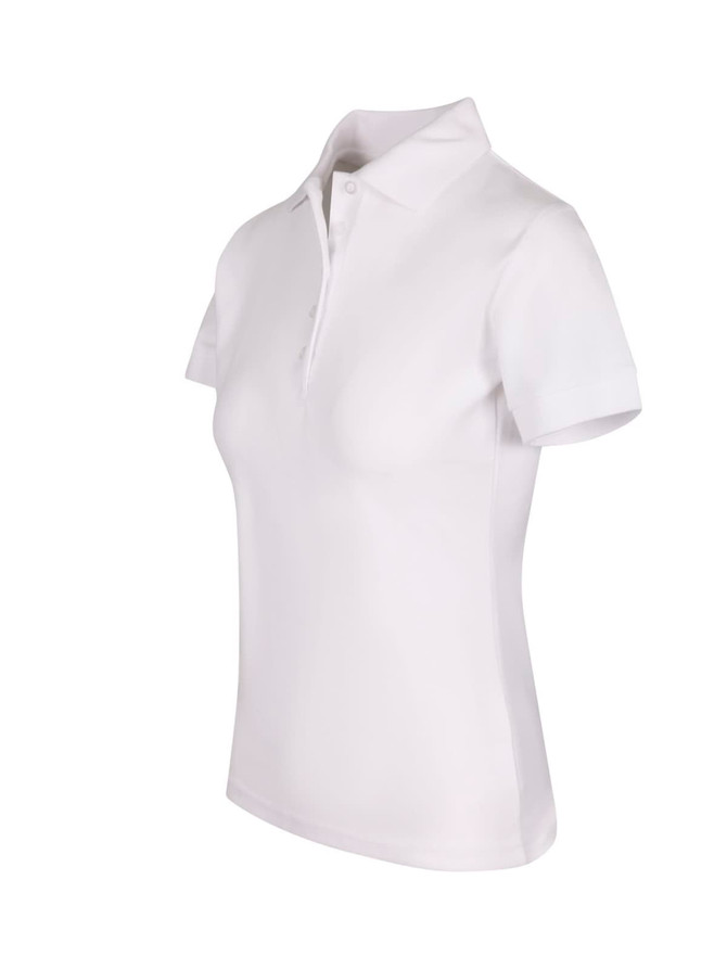 A white women's 100% cotton pique knit polo shirt with a classic collar and short sleeves, featuring a logo.