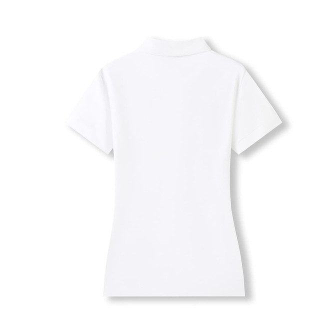 A white women's 100% cotton pique knit polo shirt with a short-sleeved design and a collar. Features a logo.
