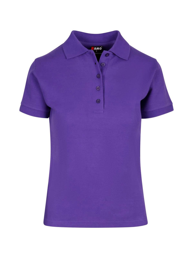 A purple women's 100% cotton pique knit polo shirt with a collared neckline and buttons. It features a branding logo.