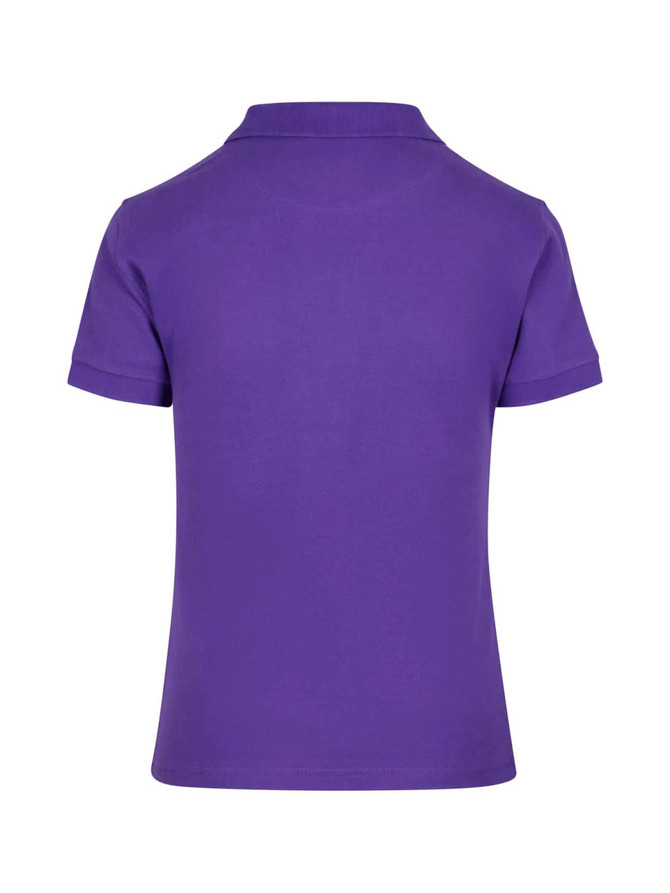A purple women's 100% cotton pique knit polo shirt, featuring a collar and short sleeves, with a logo on the back.
