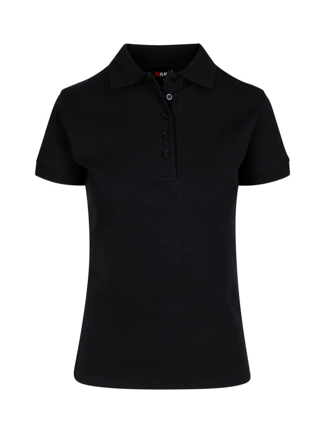 A women's black 100% cotton pique knit polo shirt with a classic collar and button placket.