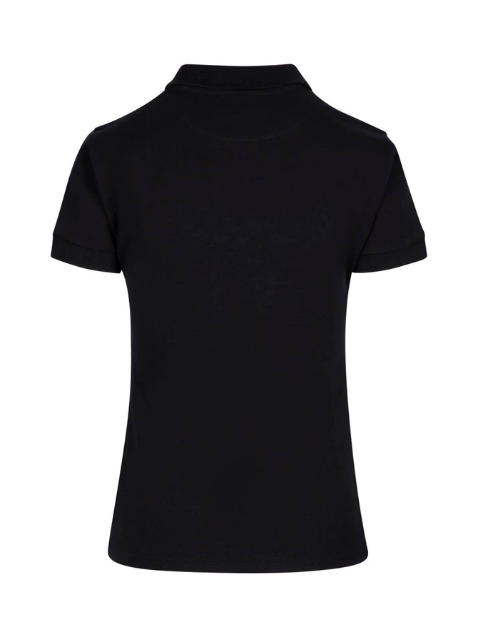 A black women's 100% cotton pique knit polo shirt featuring a classic polo collar and short sleeves, with a logo on the side.