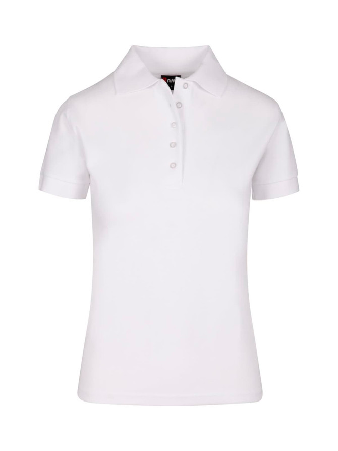 A women's 100% cotton pique knit polo in white, featuring a collar and button placket, with a logo.