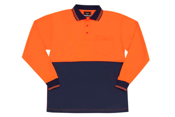 Hi visibility long sleeve polo shirt in orange and navy blue, featuring a pocket and a logo.