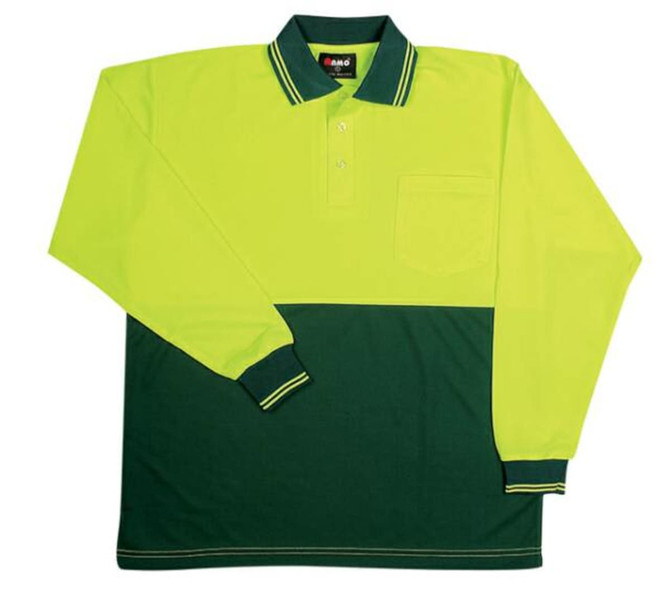 A long sleeve polo shirt in high visibility yellow with a green bottom section, featuring a pocket and collar.